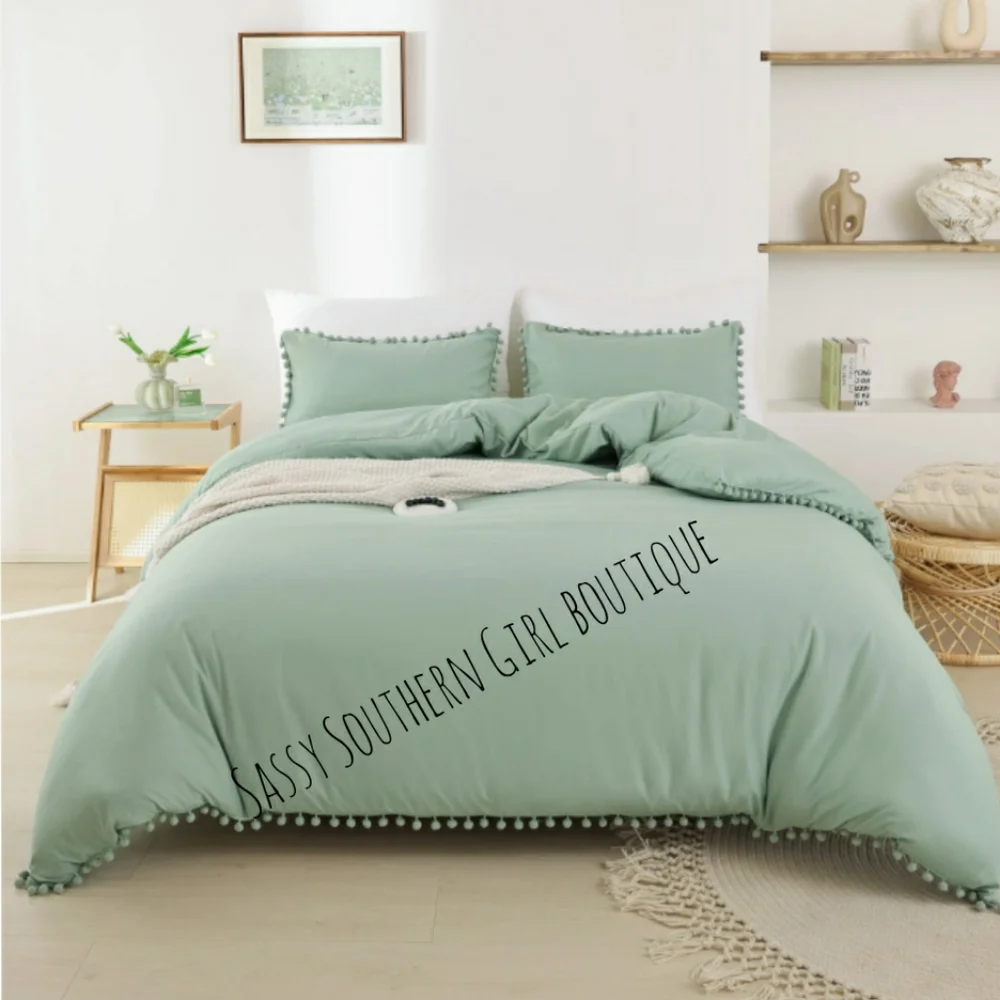 🆕⭐ Boho sage green pom pom comforter set